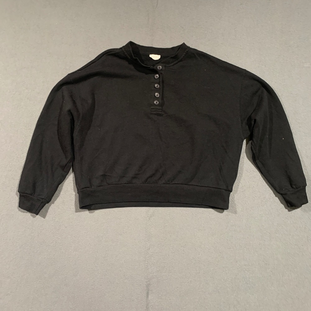 Reflex Cozy Cropped‎ Black Long Sleeve Button Neck Sweatshirt Top Women's XL